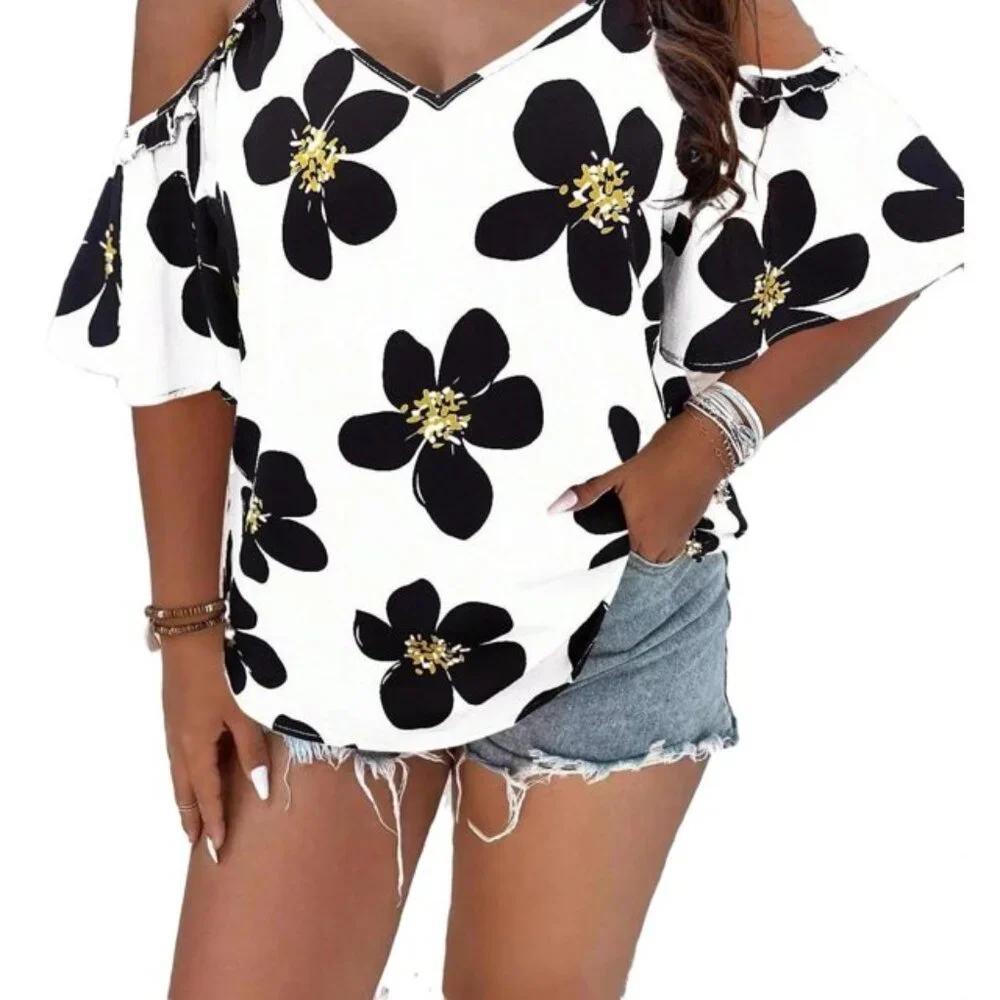SHEIN VCAY Plus Floral Print Cold Shoulder BOHO Blouse Black & White Size 1XL